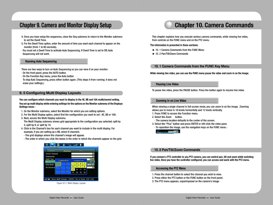 Samsung SVR-1670 Configuring Multi Display Layouts, Camera Commands from the Func Key Menu, 10 Pan/Tilt/Zoom Commands 