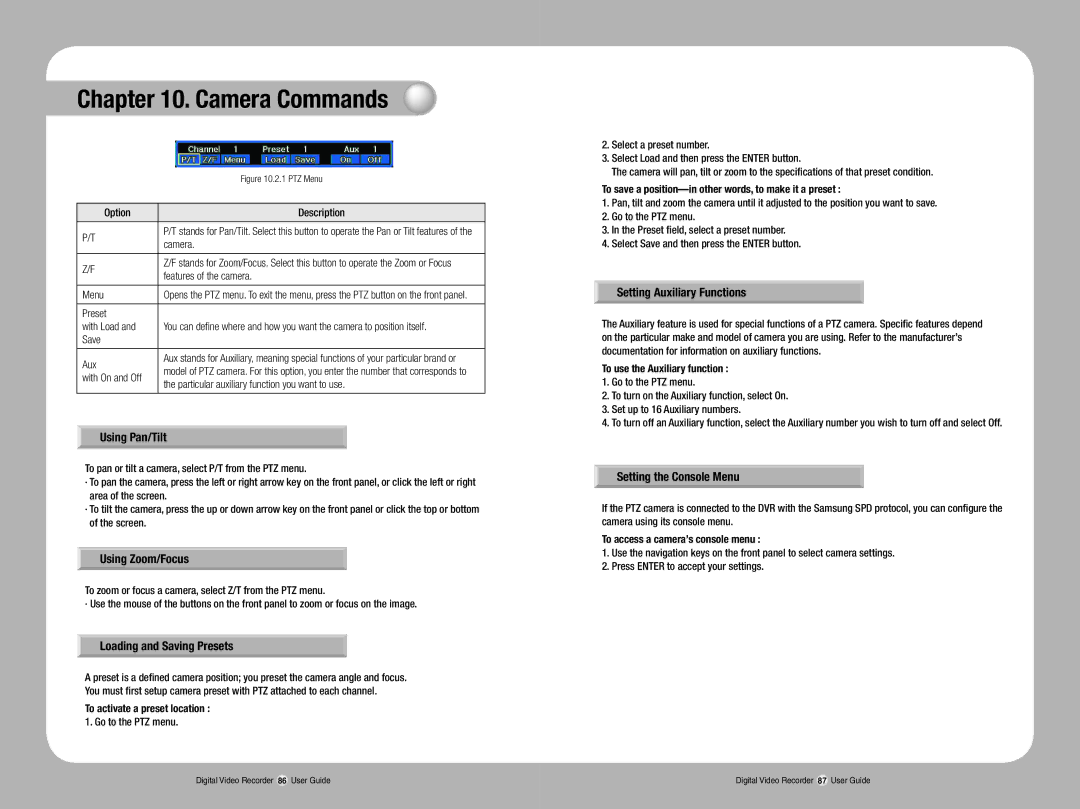 Samsung SVR-1670 manual Using Pan/Tilt, Using Zoom/Focus, Loading and Saving Presets, Setting Auxiliary Functions 