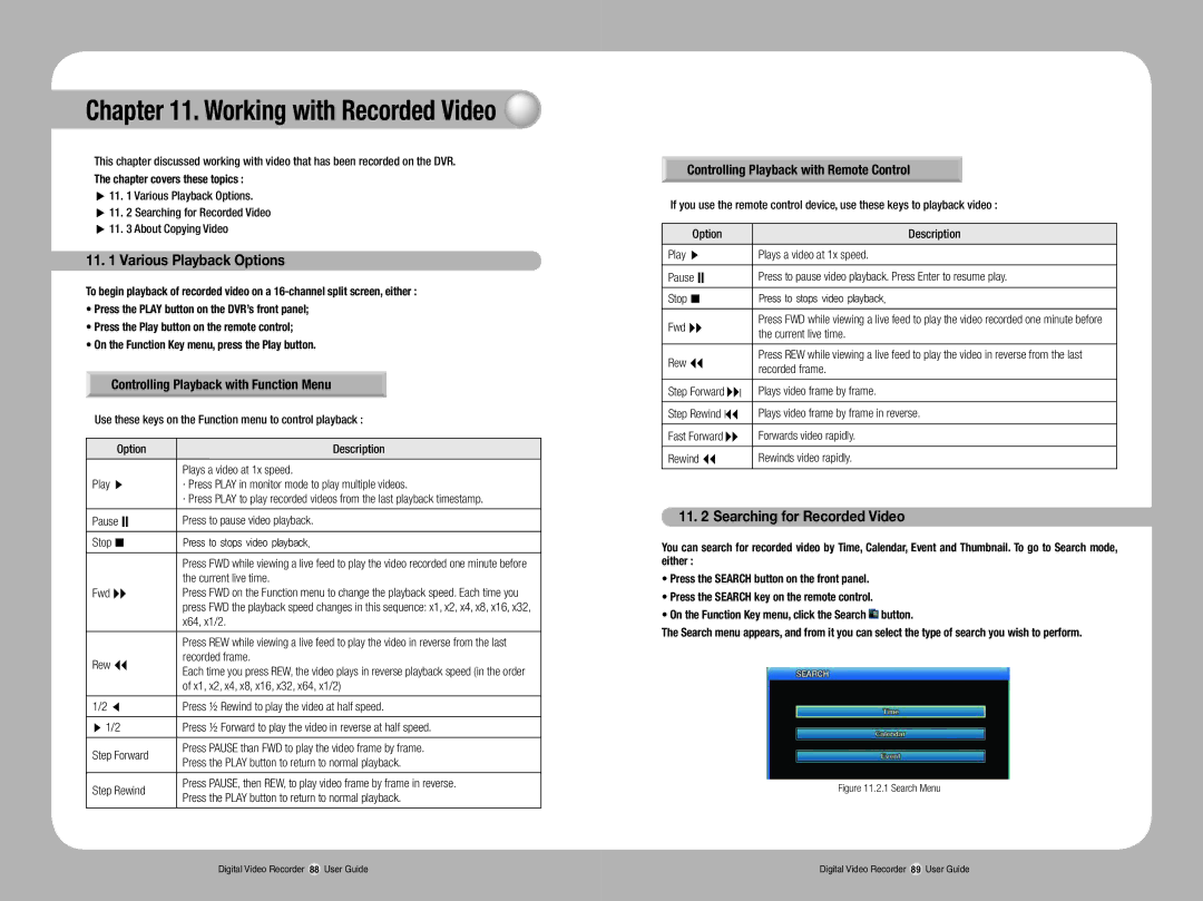 Samsung SVR-1670 manual Working with Recorded Video, Various Playback Options, Searching for Recorded Video 