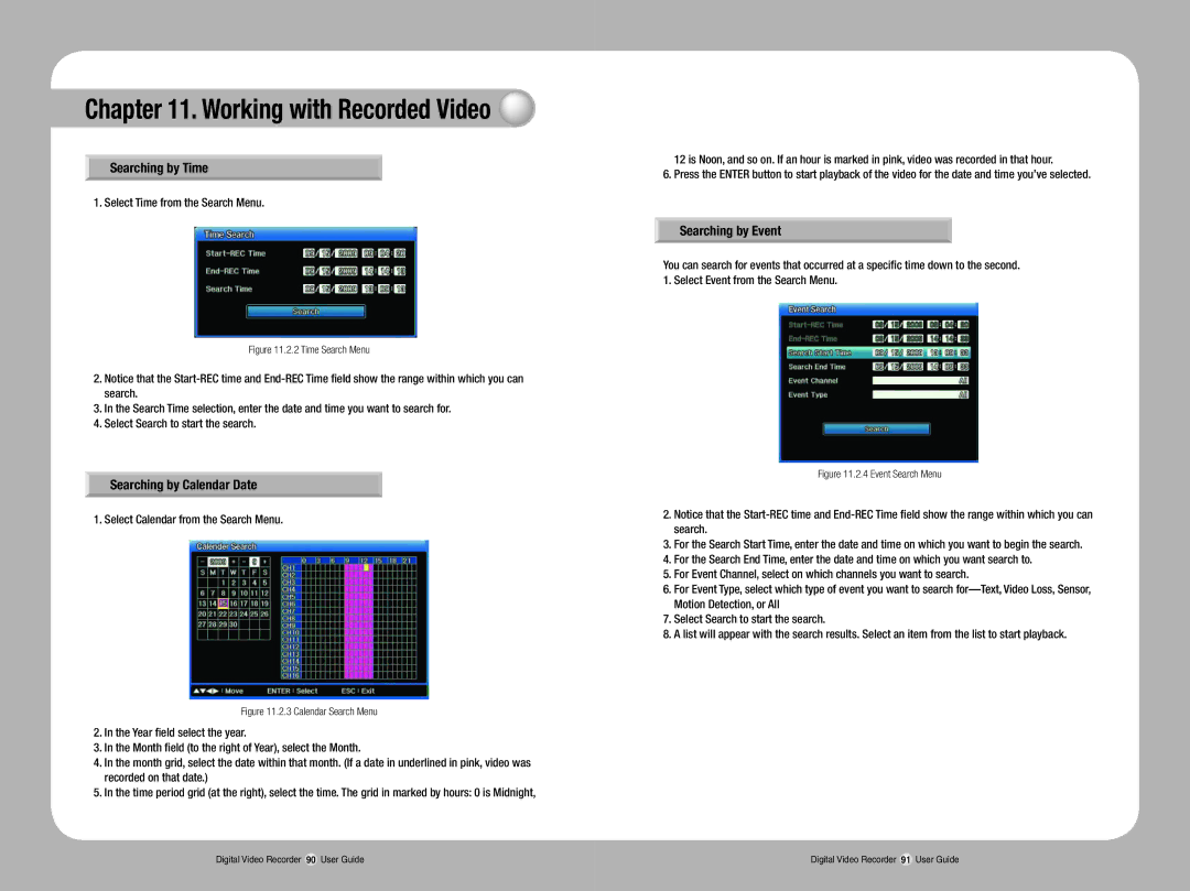 Samsung SVR-1670 manual Searching by Time, Searching by Calendar Date, Searching by Event, Select Time from the Search Menu 