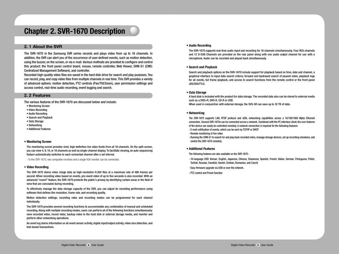 Samsung SVR-1670 manual About the SVR, Features 