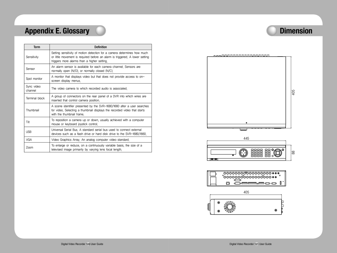 Samsung SVR-1670 manual Dimension, 445 405, Usb, Vga 