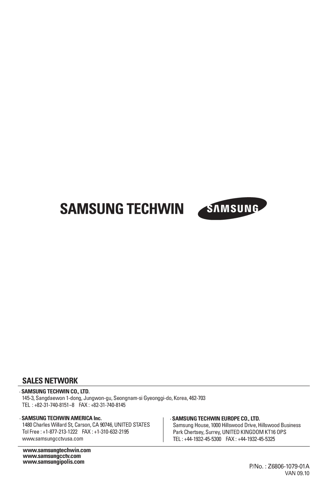 Samsung SVR-1670 manual Sales Network 