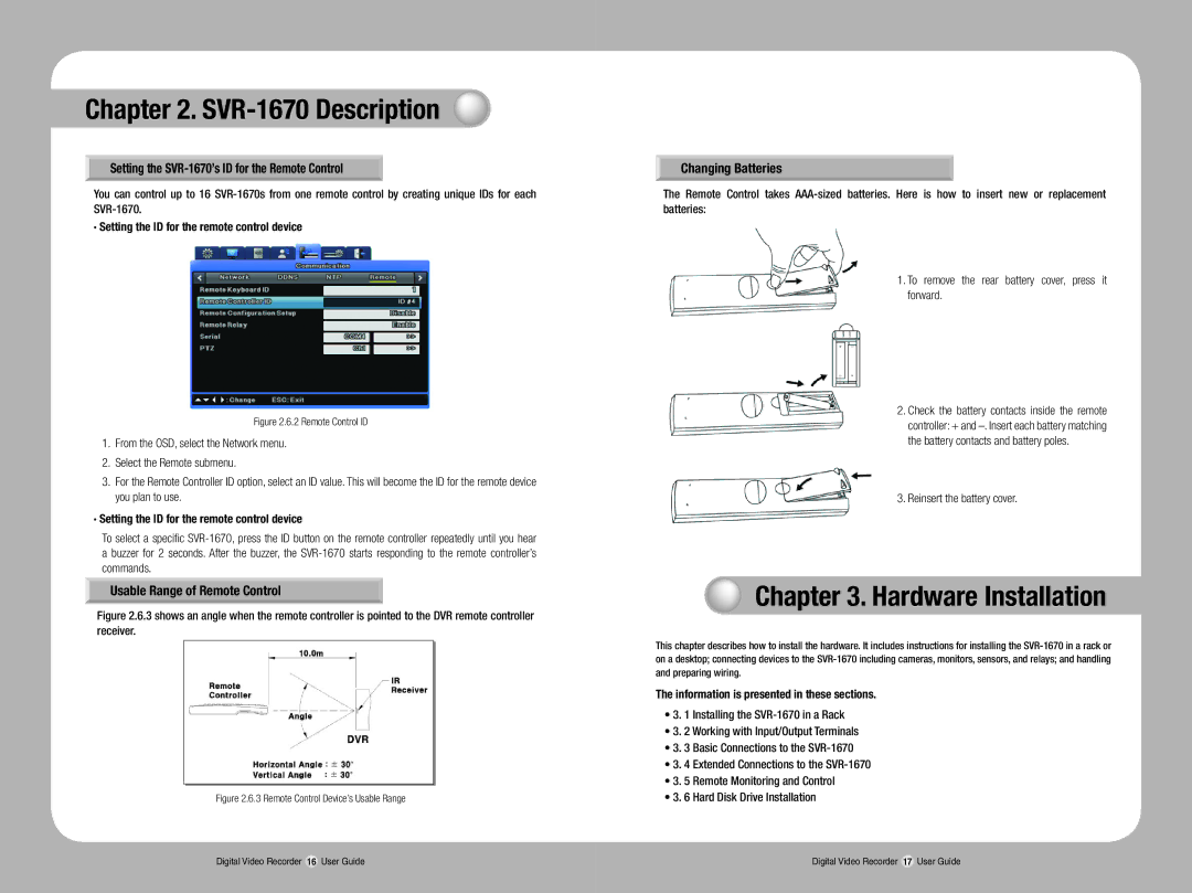 Samsung manual Hardware Installation, Setting the SVR-1670’s ID for the Remote Control, Usable Range of Remote Control 