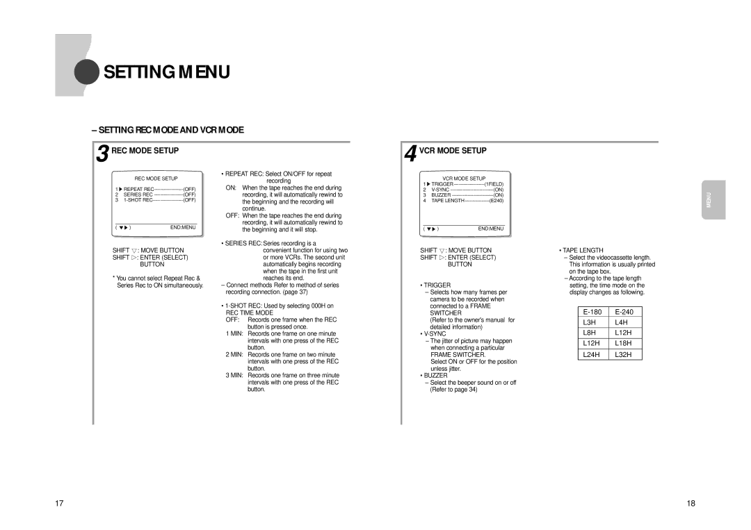 Samsung SVR-24JP, SVR-960JP Setting REC Mode and VCR Mode, REC Mode Setup, VCR Mode Setup, L3H L4H L8H 