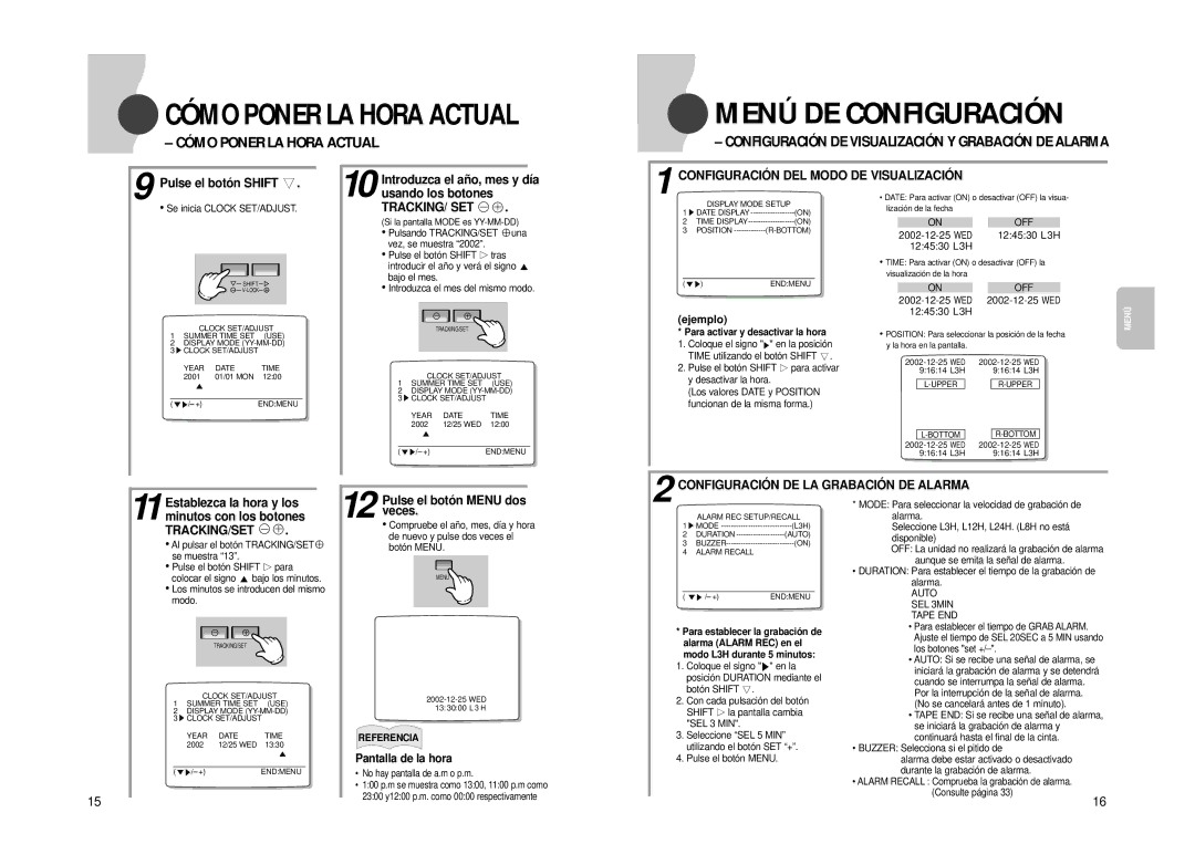 Samsung SVR-24JP, SVR-960JP operating instructions Menú DE Configuración, Cómo Poner LA Hora Actual 