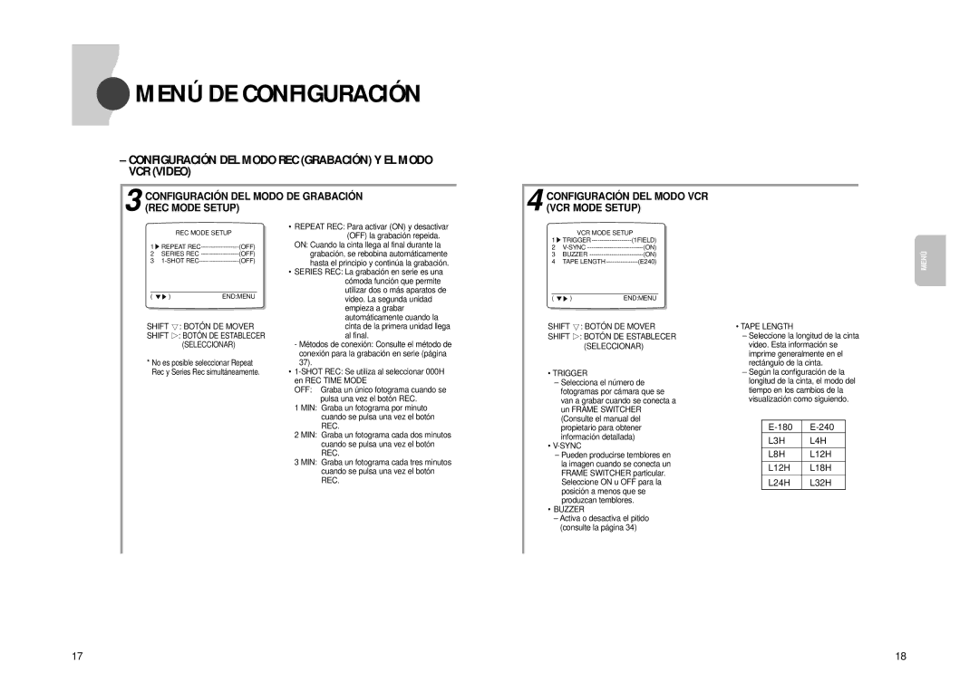 Samsung SVR-960JP Menú DE Configuración, Configuración DEL Modo REC Grabación Y EL Modo VCR Video, Shift ❷ Botó N DE Mover 