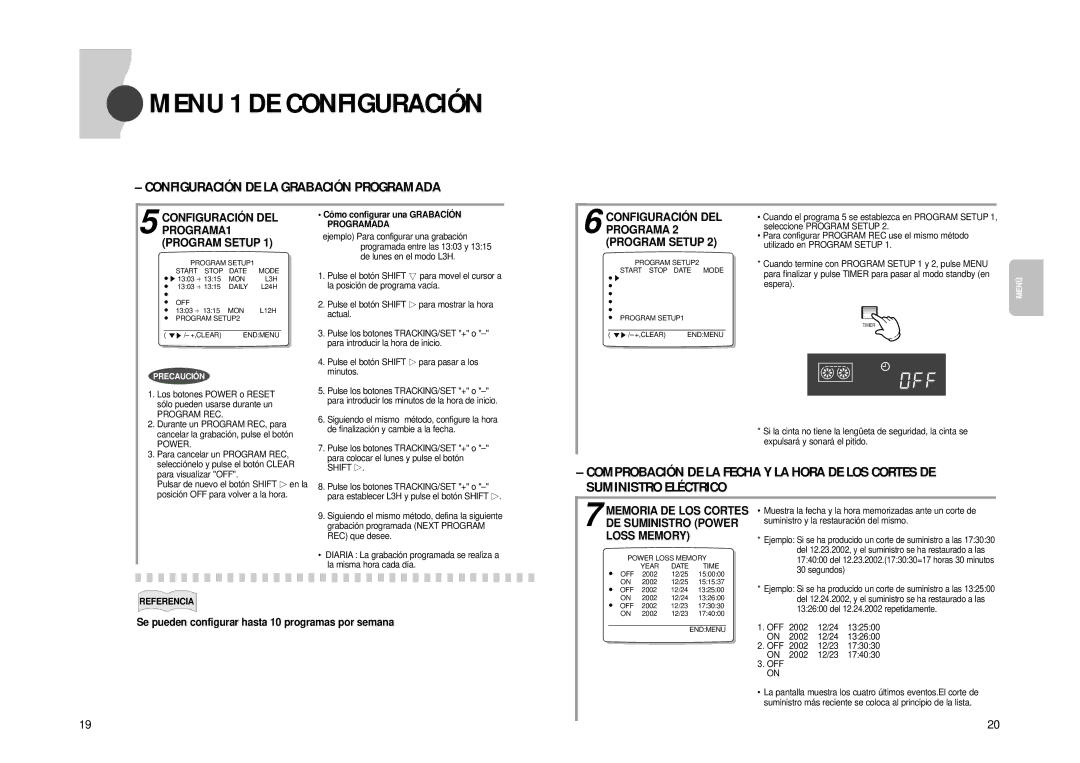 Samsung SVR-24JP, SVR-960JP operating instructions Menu 1 DE Configuración, Configuración DE LA Grabación Programada 