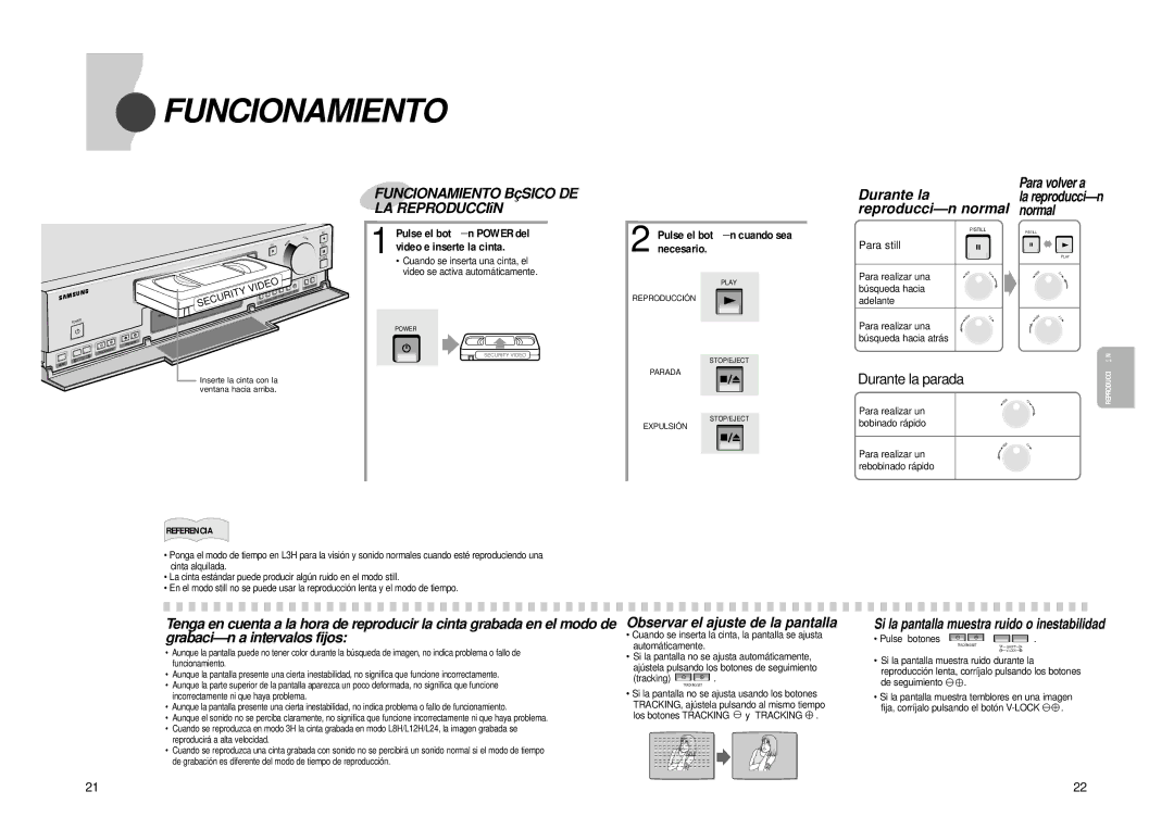 Samsung SVR-960JP, SVR-24JP Durante la, Funcionamiento Básico DE LA Reproducción, Pulse el botó n cuando sea necesario 