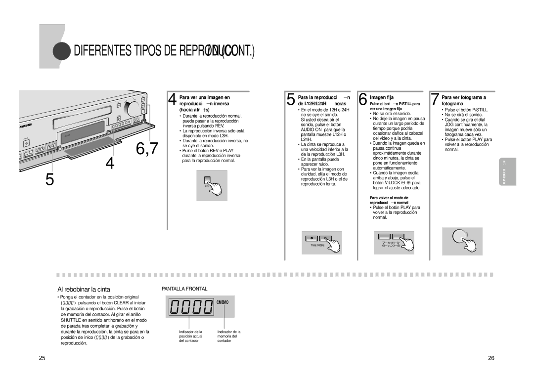 Samsung SVR-960JP Al rebobinar la cinta, Hacia atrás, Imagen fija, Reproducció n inversa, Para ver fotograma a fotograma 