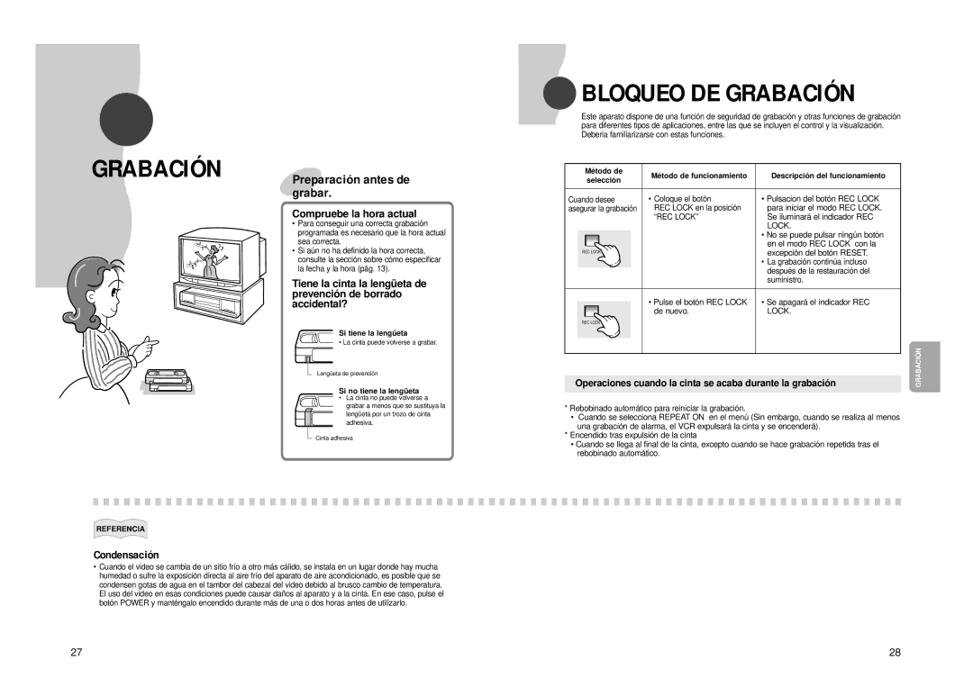 Samsung SVR-24JP, SVR-960JP Grabación, Compruebe la hora actual, Operaciones cuando la cinta se acaba durante la grabación 