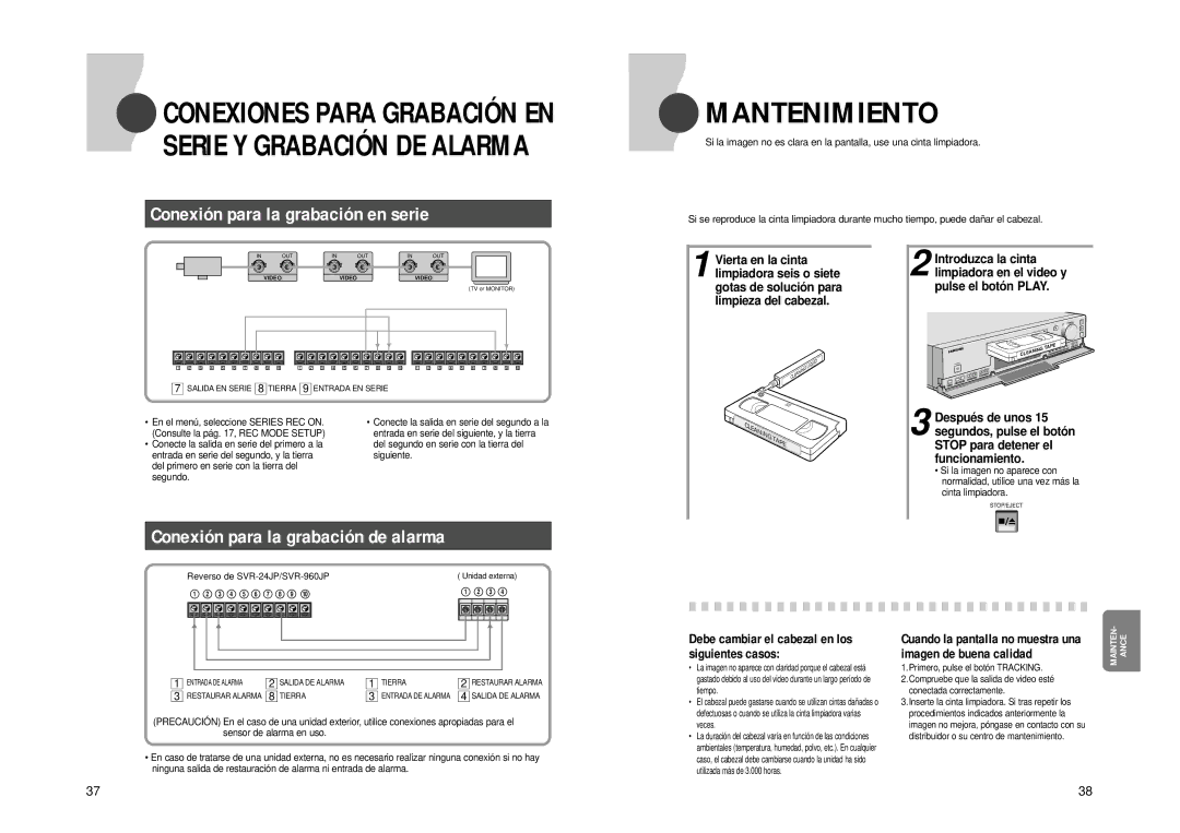 Samsung SVR-960JP Mantenimiento, Debe cambiar el cabezal en los siguientes casos, En el menú, seleccione Series REC on 