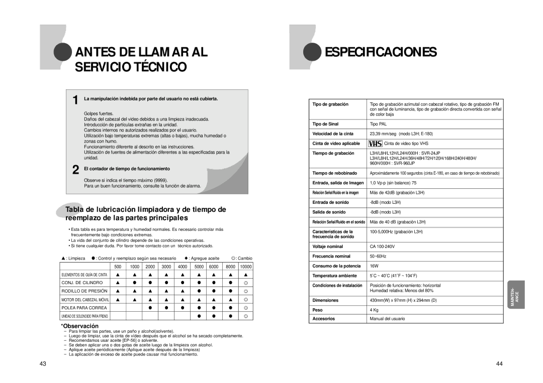 Samsung SVR-24JP, SVR-960JP operating instructions Especificaciones, Antes DE Llamar AL Servicio Técnico, Observació n 