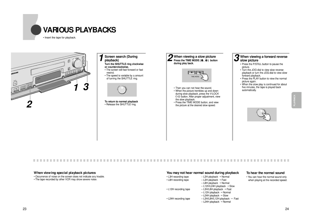 Samsung SVR-960JP, SVR-24JP Various Playbacks, When viewing special playback pictures, To hear the normal sound 