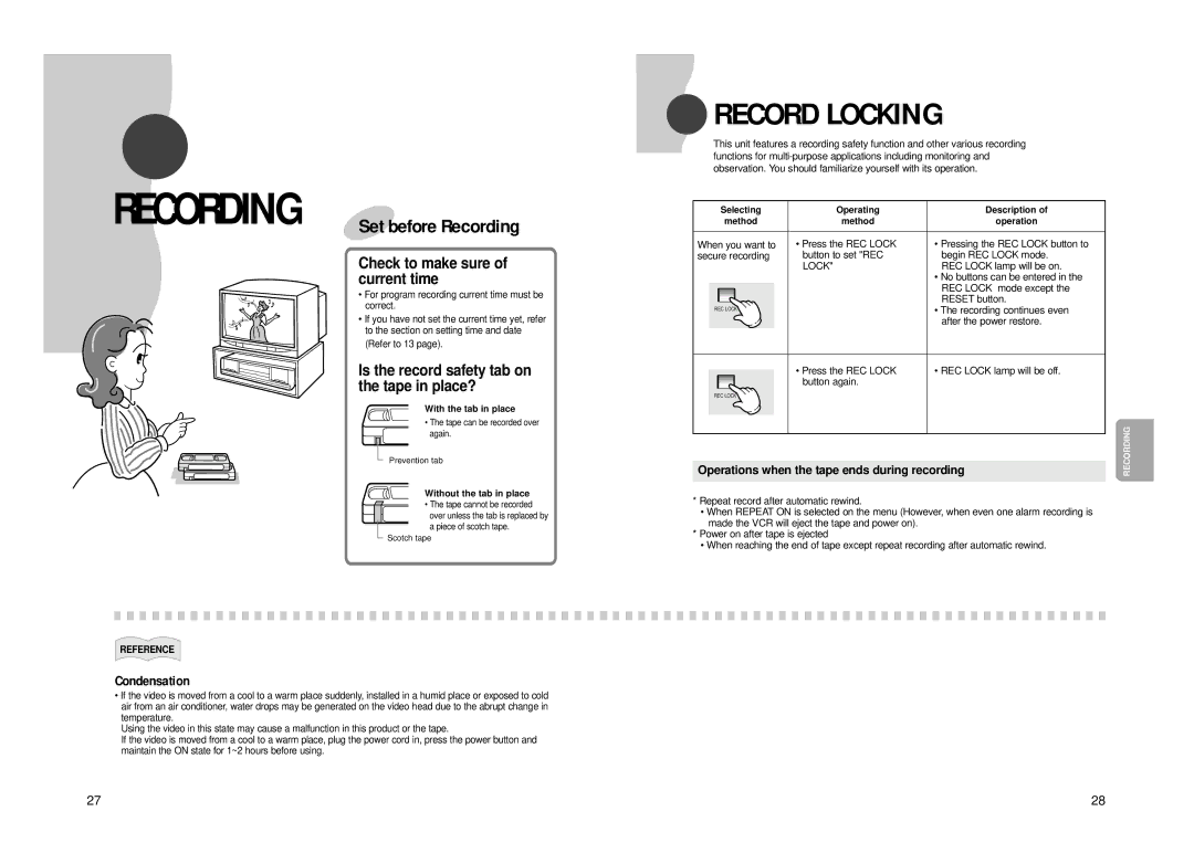 Samsung SVR-960JP Record Locking, Check to make sure, Current time, Is the record safety tab on the tape in place? 