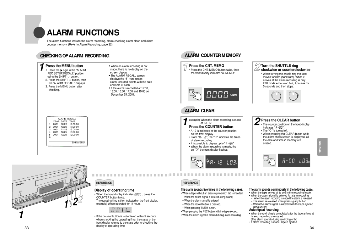 Samsung SVR-24JP, SVR-960JP Alarm Functions, Press the CNT. Memo, Press the Counter button, Press the Clear button 