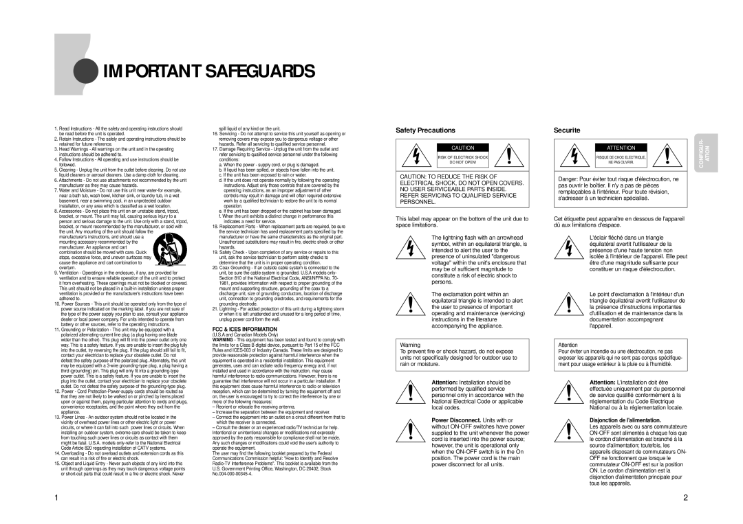 Samsung SVR-24JP, SVR-960JP operating instructions Important Safeguards, Safety Precautions, Securite 