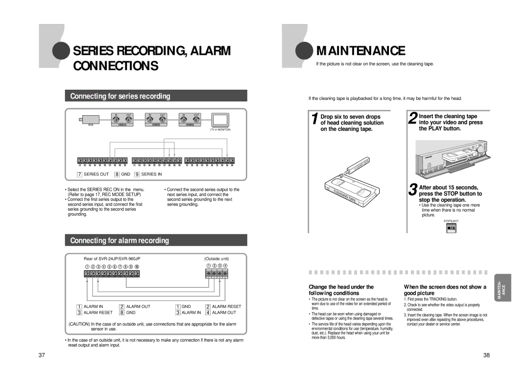 Samsung SVR-24JP Maintenance, Series RECORDING, Alarm Connections, Change the head under the following conditions 