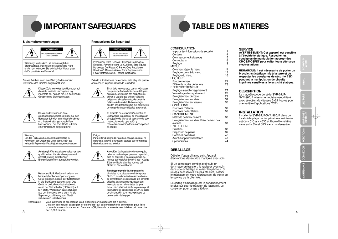 Samsung SVR-960JP, SVR-24JP operating instructions Table DES Matieres 