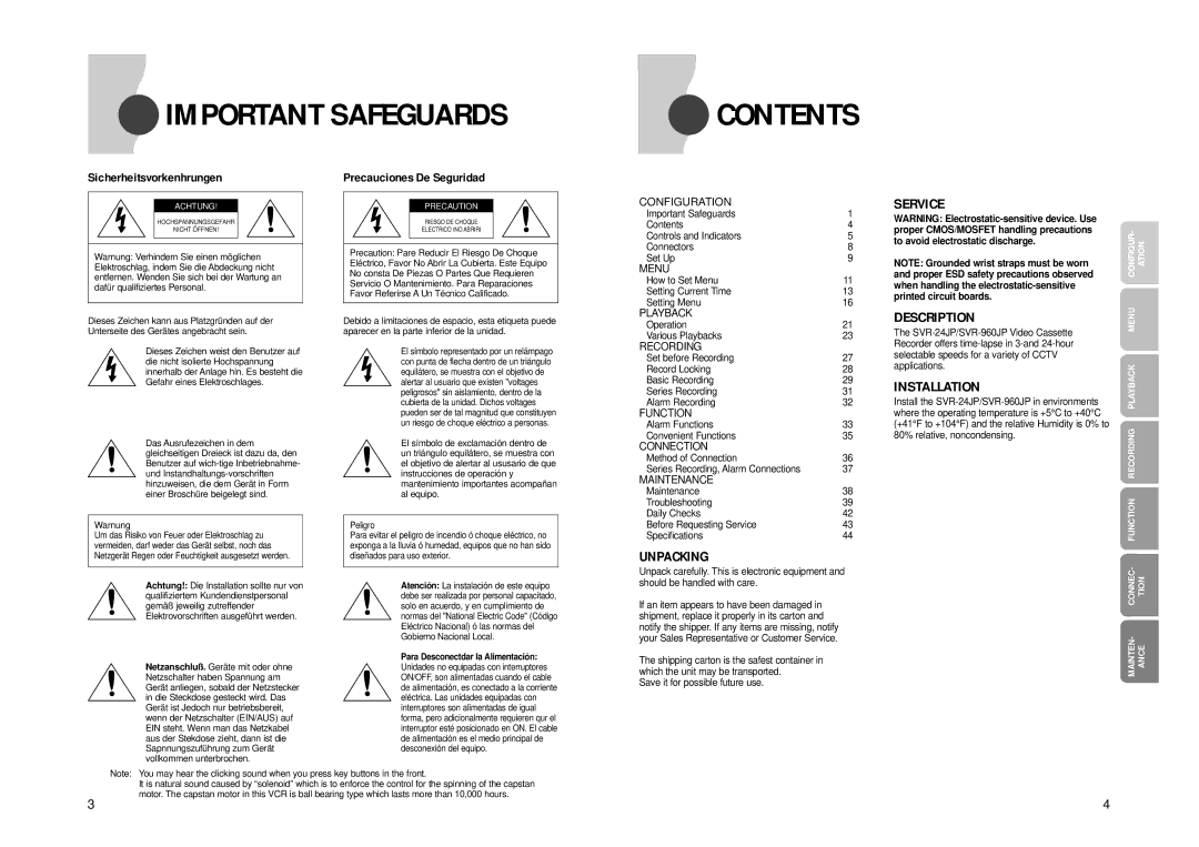 Samsung SVR-960JP, SVR-24JP operating instructions Important Safeguards Contents 