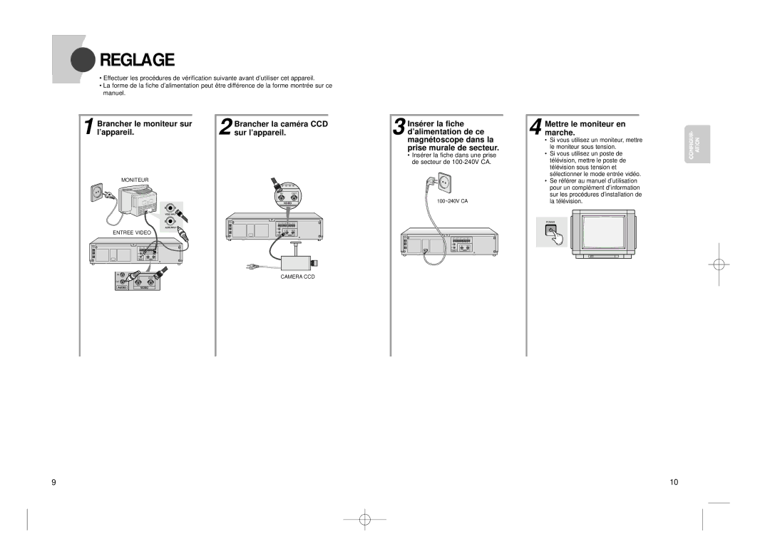 Samsung SVR-24JP Reglage, ’alimentation de ce Marche Magné toscope dans la, Prise murale de secteur, Sur l’appareil 