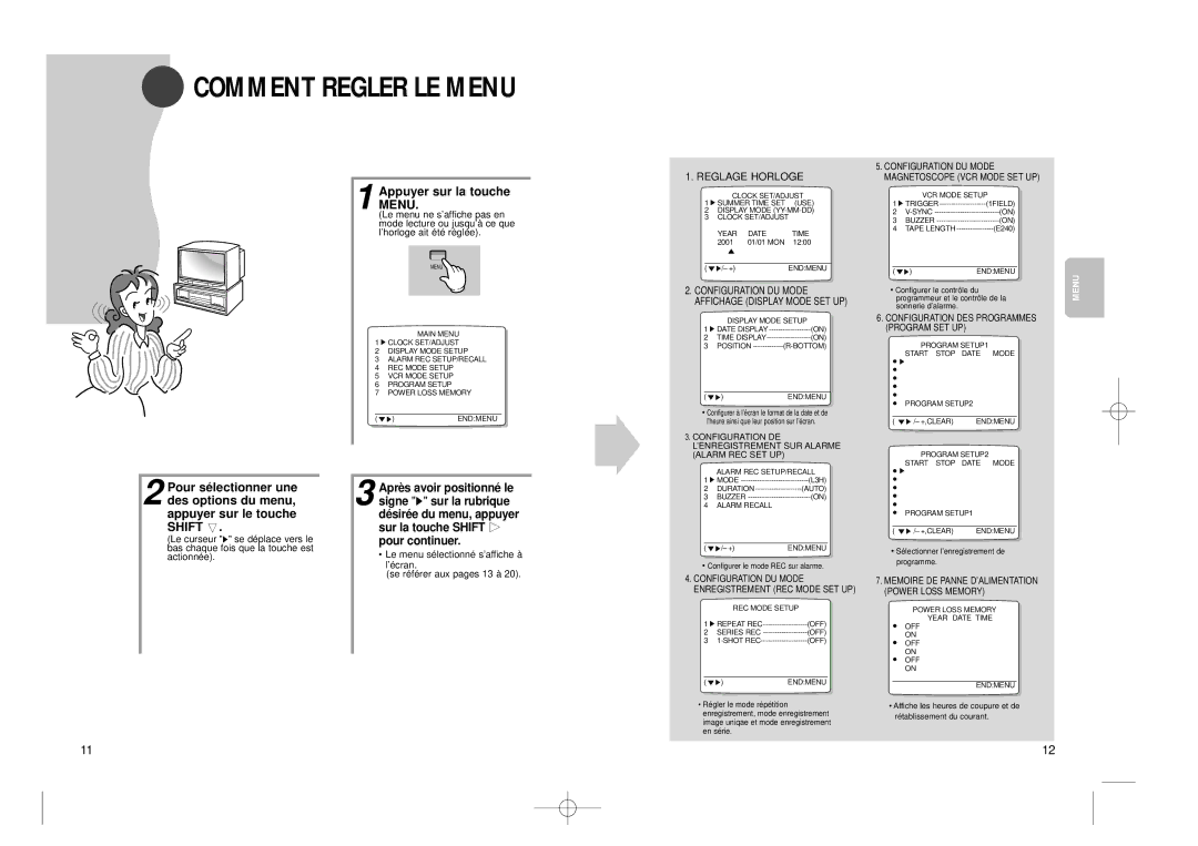 Samsung SVR-960JP, SVR-24JP operating instructions Appuyer sur la touche Menu, Reglage Horloge 