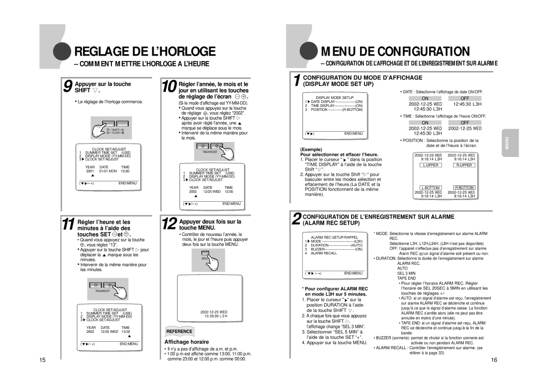 Samsung SVR-960JP, SVR-24JP Menu DE Configuration, Comment Mettre L’HORLOGE a L’HEURE, Configuration DU Mode D’AFFICHAGE 