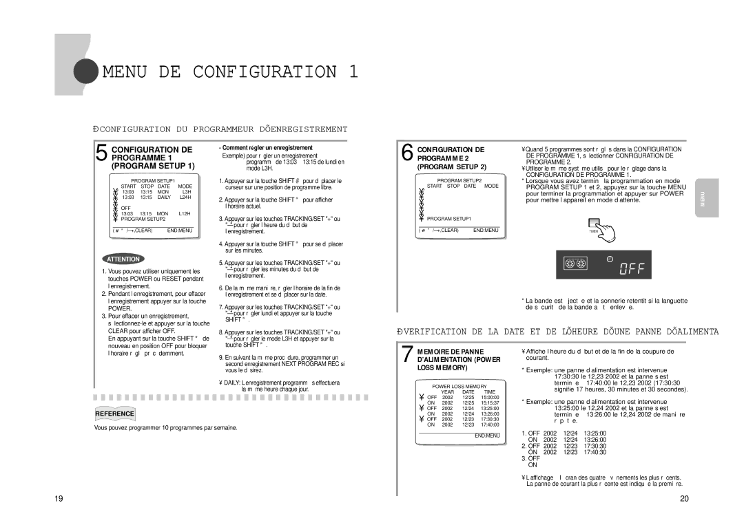 Samsung SVR-960JP, SVR-24JP Configuration DU Programmeur D’ENREGISTREMENT, Configuration DE Programme 1 Program Setup 