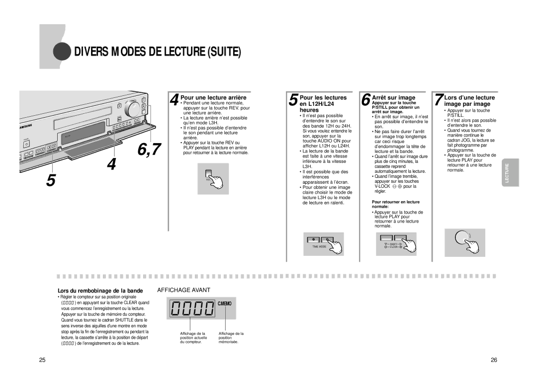 Samsung SVR-24JP, SVR-960JP Pour une lecture arriè re, Pour les lectures en L12H/L24 heures, Arrê t sur image 