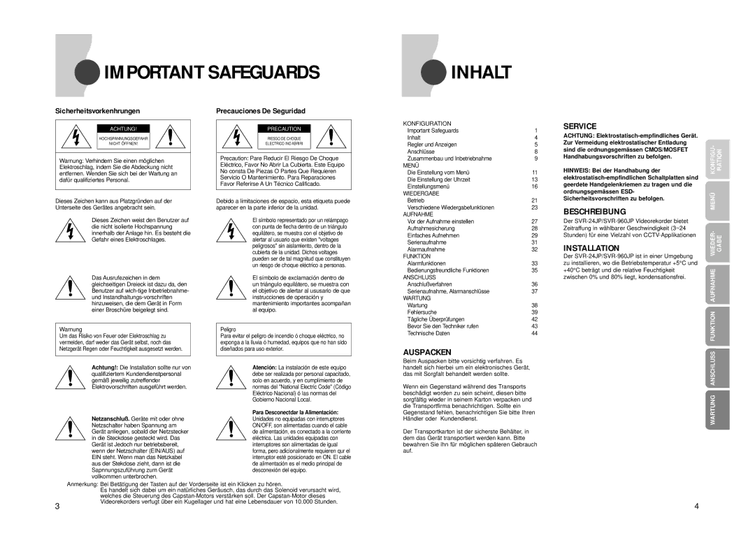 Samsung SVR-24JP, SVR-960JP operating instructions Important Safeguards Inhalt, Service, Beschreibung, Auspacken 