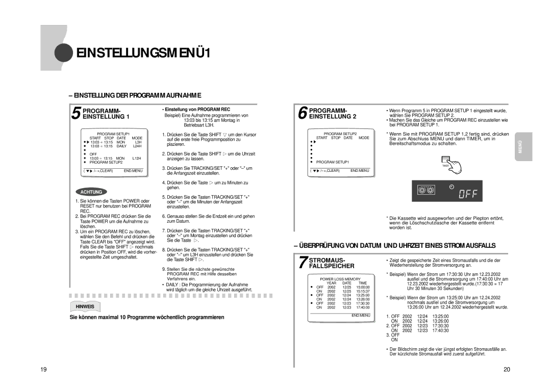 Samsung SVR-24JP, SVR-960JP operating instructions EINSTELLUNGSMENÜ1, Einstellung DER Programmaufnahme 