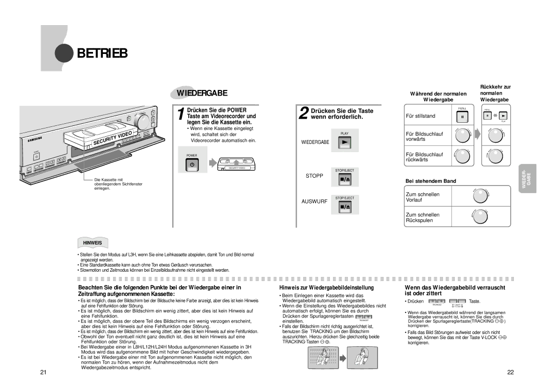 Samsung SVR-960JP Betrieb, Normalen, Drü cken Sie die Taste wenn erforderlich, Hinweis zur Wiedergabebildeinstellung 