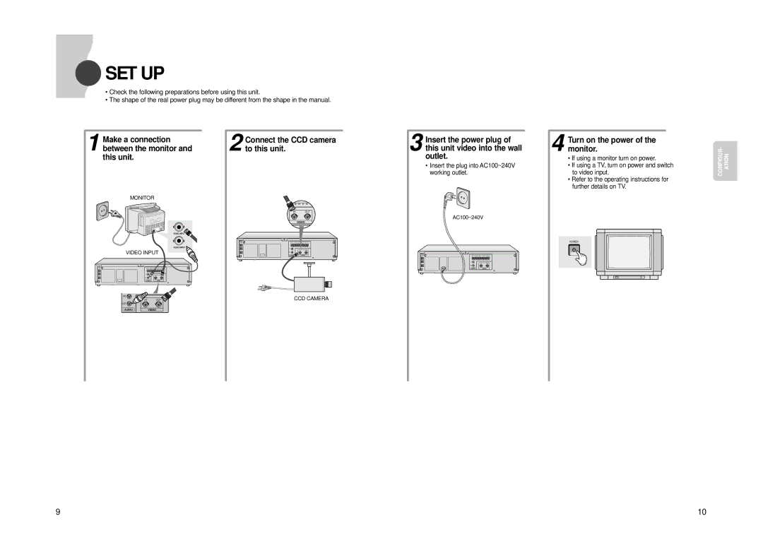 Samsung SVR-24JP, SVR-960JP Set Up, Make a connection, Insert the power plug Turn on the power Between the monitor 