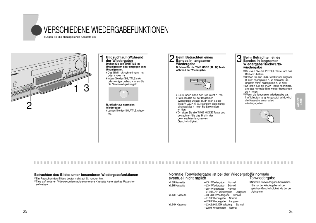 Samsung SVR-24JP, SVR-960JP operating instructions Für normale Tonwiedergabe, Bildsuchlauf Wä hrend der Wiedergabe 