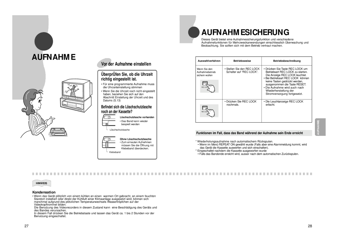 Samsung SVR-24JP, SVR-960JP operating instructions Aufnahmesicherung, Vor der Aufnahme einstellen, Kondensation 