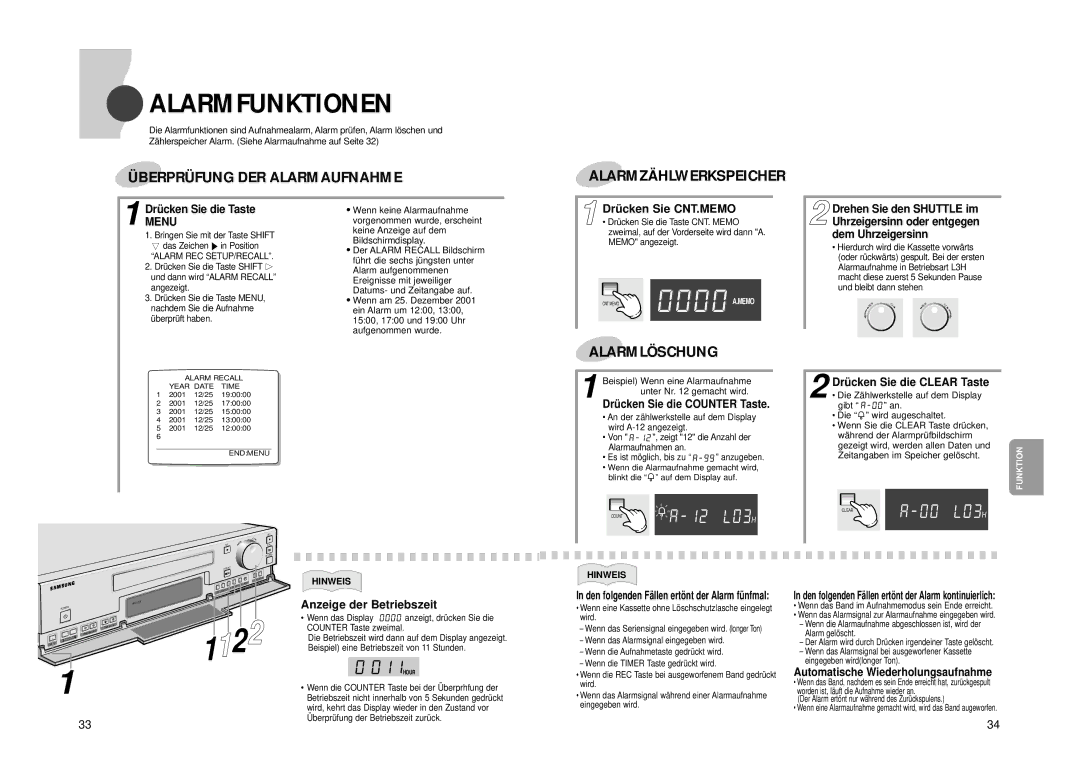 Samsung SVR-960JP, SVR-24JP Alarmfunktionen, DrüMENUcken Sie die Taste, Drü cken Sie CNT.MEMO, Anzeige der Betriebszeit 