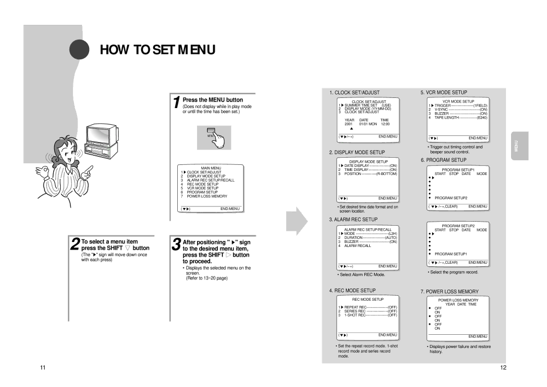 Samsung SVR-960JP, SVR-24JP operating instructions HOW to SET Menu, To select a menu item press the Shift ❷ button 