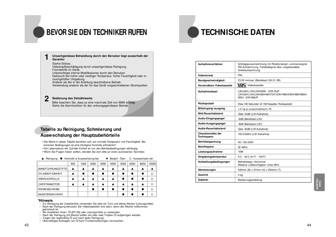 Samsung SVR-24JP, SVR-960JP operating instructions Technische Daten, Hinweis, Bedienung des Zeitzä hlwerks 