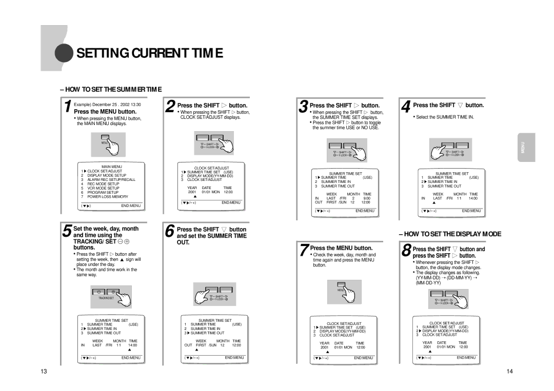 Samsung SVR-24JP, SVR-960JP Setting Current Time, HOW to SET the Summer Time, HOW to SET the Display Mode 