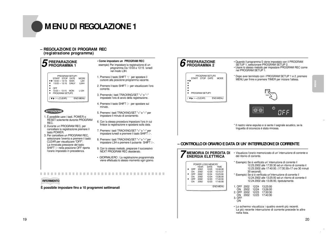 Samsung SVR-960JP, SVR-24JP operating instructions Regolazione DI Program REC registrazione programma 