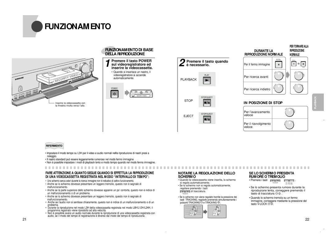 Samsung SVR-24JP, SVR-960JP operating instructions Funzionamento, Posizione DI Stop, Notare LA Regolazione Dello Schermo 