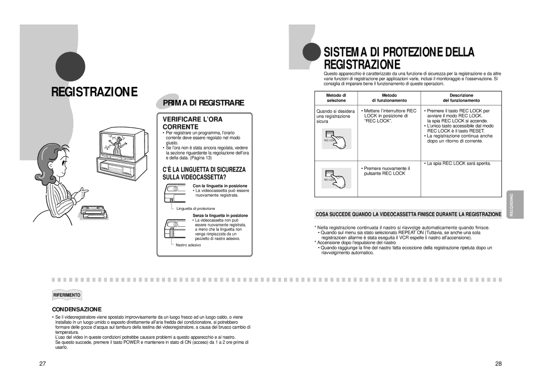 Samsung SVR-960JP, SVR-24JP operating instructions Registrazione, Condensazione, REC Lock 