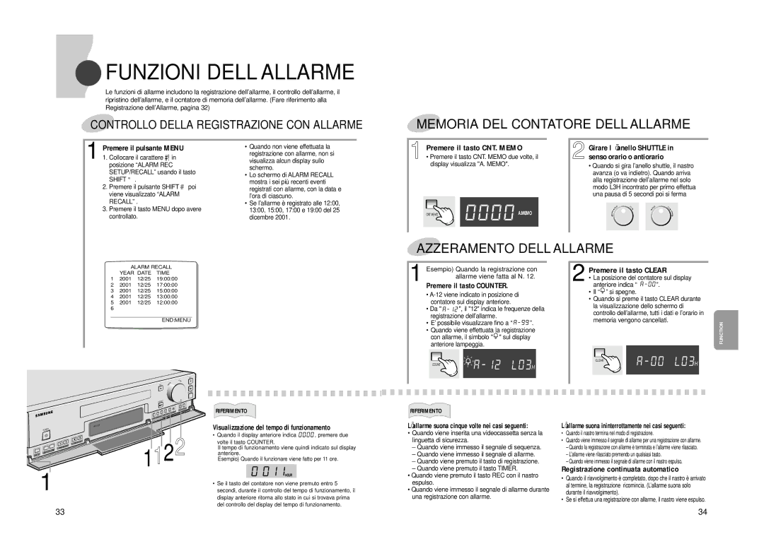 Samsung SVR-24JP, SVR-960JP operating instructions Funzioni DELL’ALLARME, Controllo Della Registrazione CON Allarme 