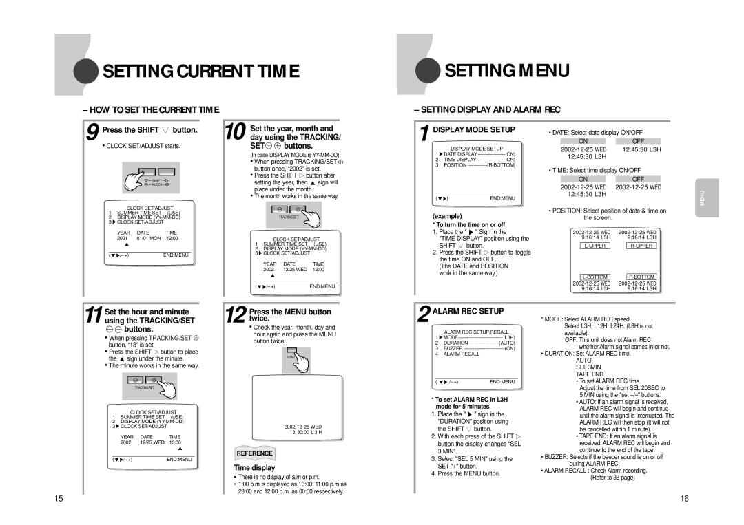 Samsung SVR-960JP, SVR-24JP operating instructions Setting Menu, HOW to SET the Current Time, Setting Display and Alarm REC 