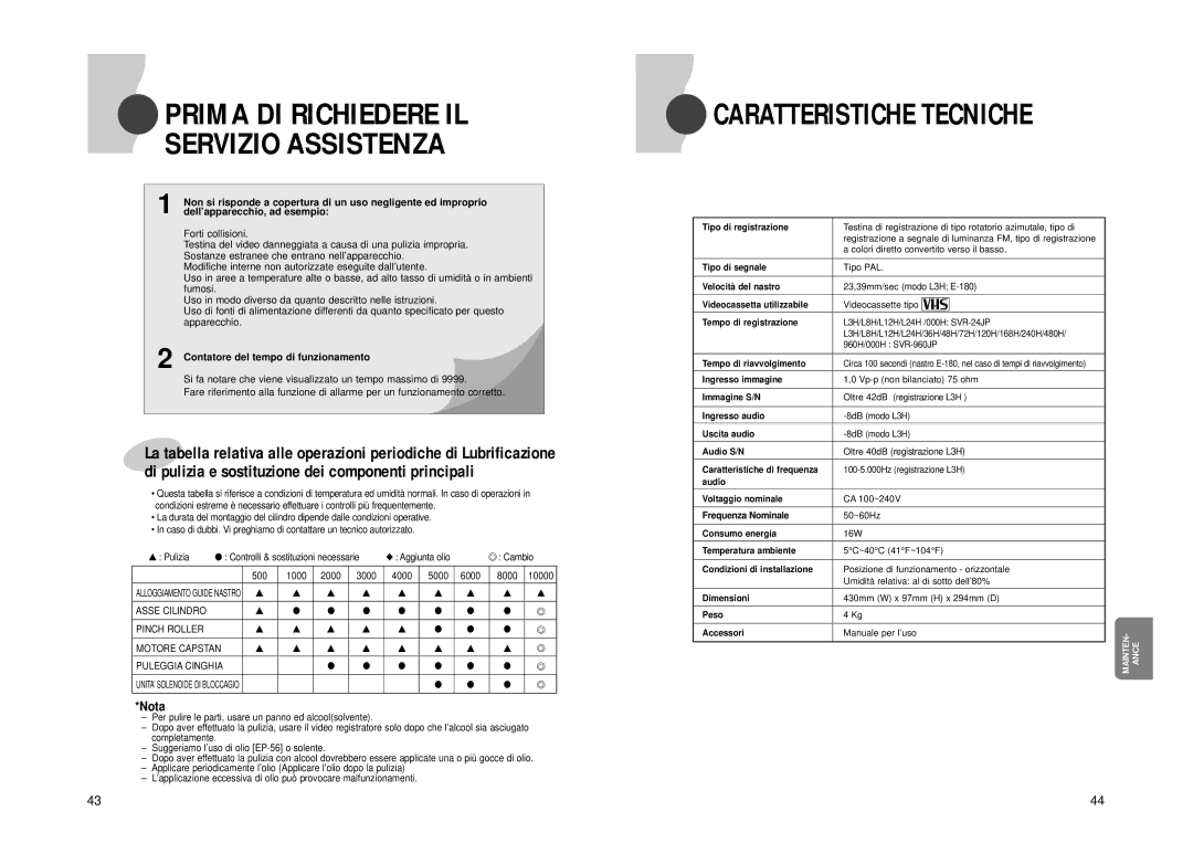 Samsung SVR-960JP Prima DI Richiedere IL Servizio Assistenza, Nota, Forti collisioni, Contatore del tempo di funzionamento 