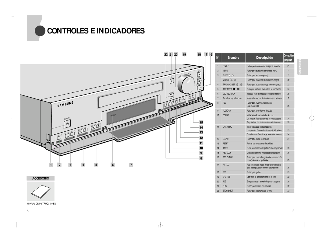 Samsung SVR-960JP, SVR-24JP operating instructions Controles E Indicadores, Accesorio 