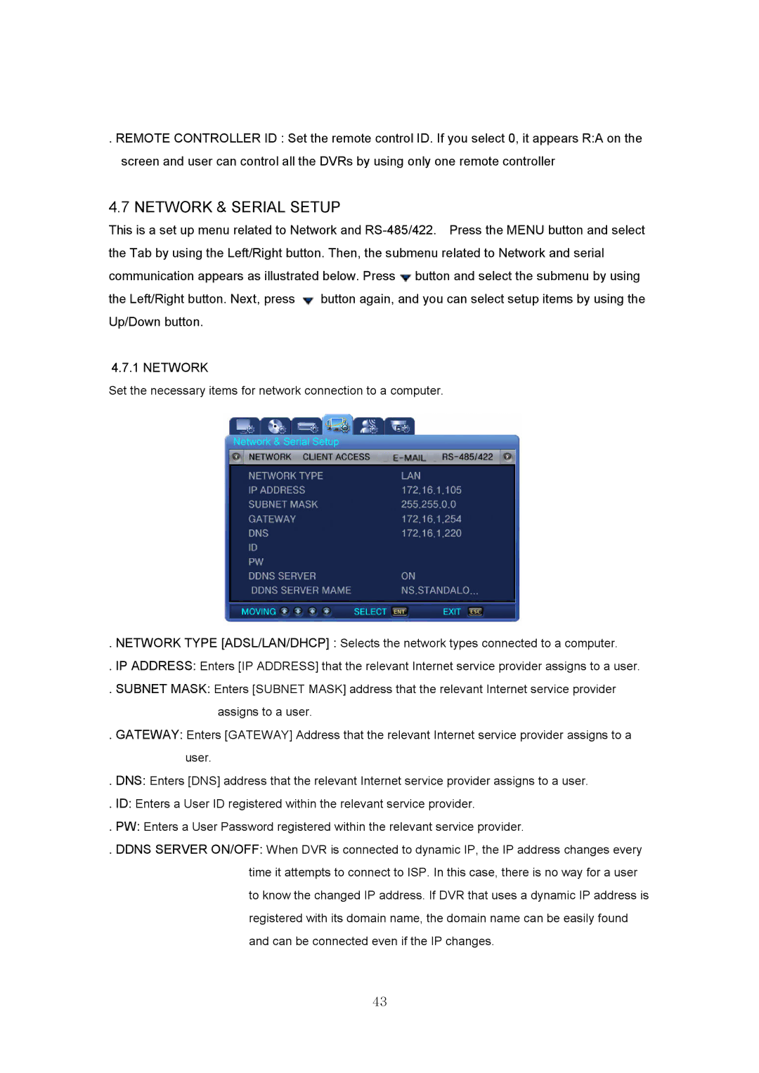 Samsung SVR-440 manual 7NETWORK&SERIALSETUP, 1NETWORK 