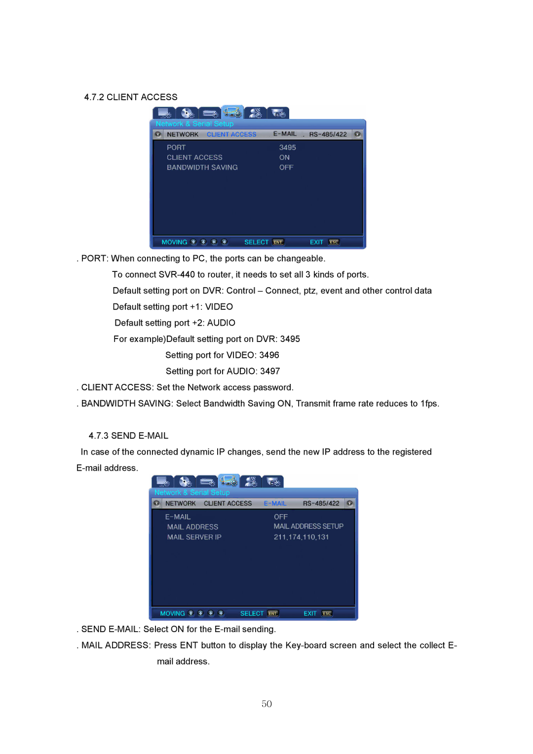 Samsung SVR-440 manual 2CLIENTACCESS, 3SENDEMAIL 