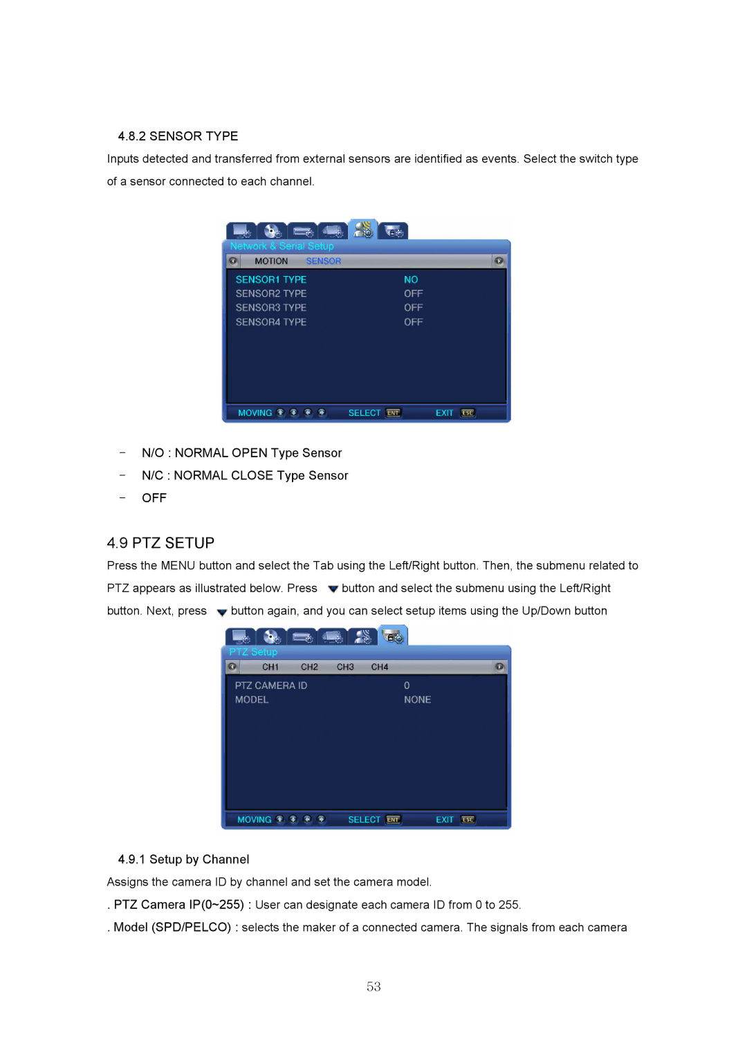 Samsung SVR-440 manual 9PTZSETUP, 2SENSORTYPE, Off 