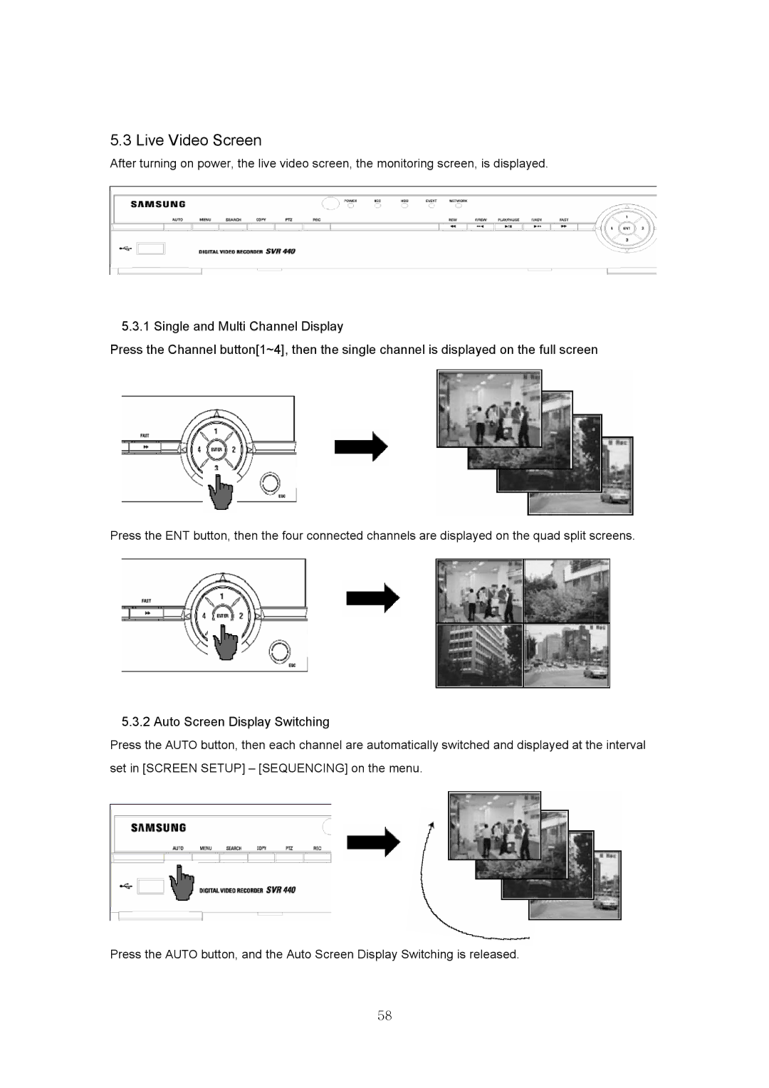 Samsung SVR-440 manual 3LiveVideoScreen, 1IndividualChannelandSplitScreenDisplay 